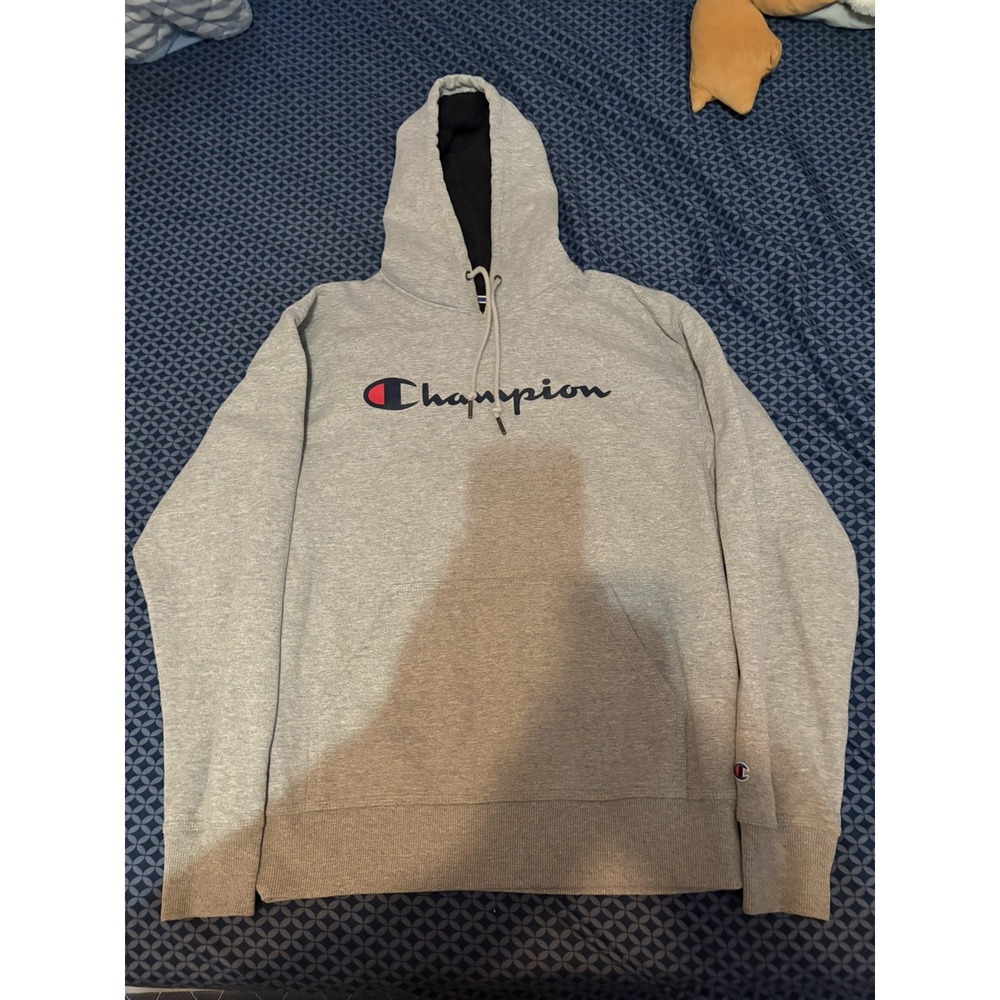 Champion Authentic Men's Gray M Pullover Fleece Hoodie Pockets Logo